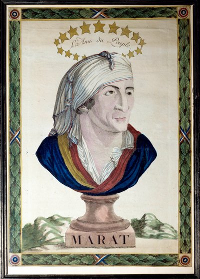 Portret van Jean Paul Marat, Franse arts, journalist en politicus (1743-1793), de vriend van het volk. Gravure met sterke water en beitel uit de 18e eeuw. Parijs, Musee Carnavalet. door French School