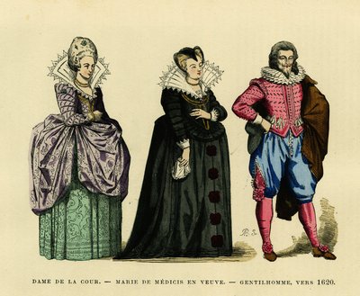 Portret van Marie de Medicis (1573-1642), koningin van Frankrijk, in weduwegewaad, omringd door een hofdame en een heer, circa 1620 door French School