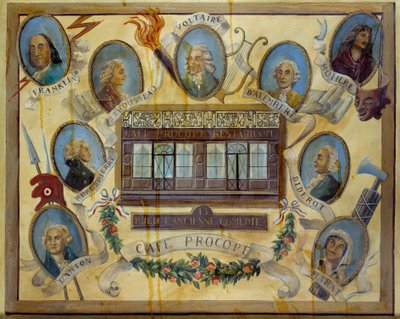 Portret van historische figuren en uitzicht op het Parijse café Le Procope: Benjamin Franklin, Jean Jacques Rousseau, Voltaire, Jean D