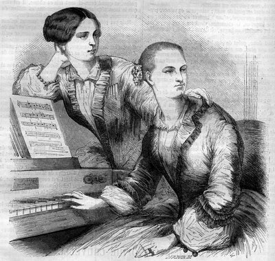 Portret van de Cruvelli-zusters, Duitse dansers. Sophie Cruvelli (Johanna Sofia Charlotte Cruwell) (1826-1907) en Marie Cruvelli (Friederike Marie Cruwell) (1824-1868). Gravure uit 1852 door French School