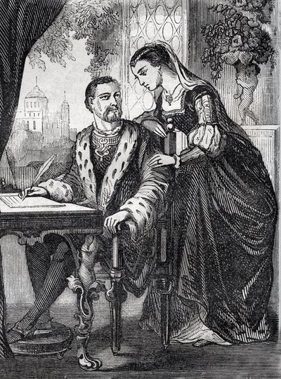 Portret van de koning van Frankrijk Henri II (1519-1559) en Diane de Poitiers (1499-1566) - gravure door French School