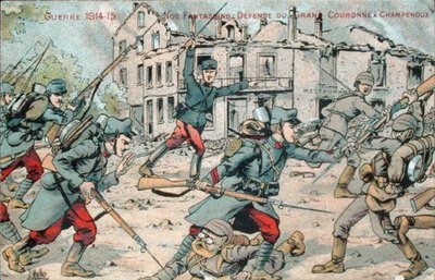 Ansichtkaart met de Franse Infanterie die Champenoux verdedigt door French School