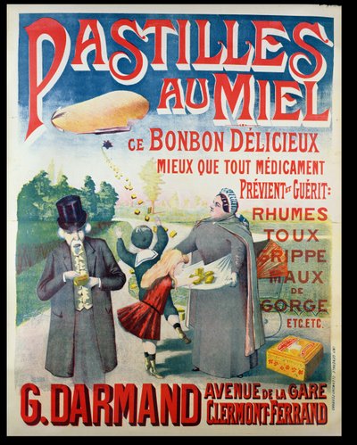 Poster die Pastilles au Miel, honingpastilles, gemaakt door G. Darmand adverteert door French School
