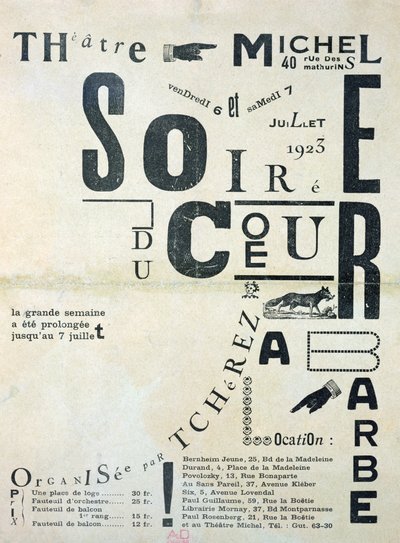 Poster ter promotie van Soiree du Coeur a Barbe in het Theatre Michel 6 en 7 juli 1923 door French School