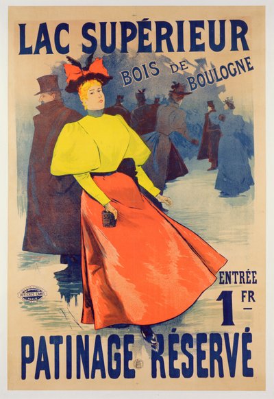 Poster die een schaatsbaan op het Lac supérieur in het Bois de Boulogne adverteert door French School