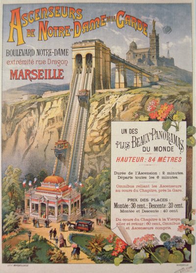 Poster die de lift van Notre-Dame de la Garde adverteert, Marseille, ca. 1900 door French School