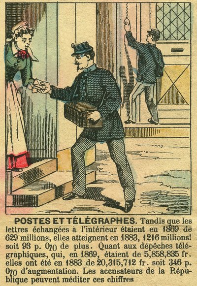 Posten en telegrafen, illustratie van het goede functioneren van telecommunicatie en het postkantoor dankzij de Republiek. Gravure in 
