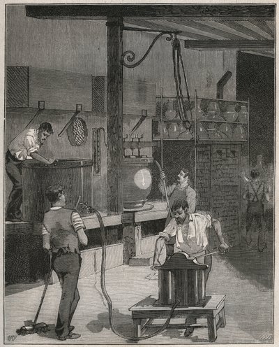 Aardewerk, Manufacture de Sèvres: vacuüm- en persluchtgietwerkplaats. Gravure uit 1885 in 