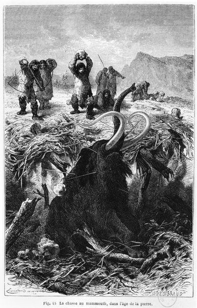 Prehistorische mannen jagen op een mammoet, illustratie uit L