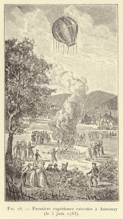 Eerste experiment uitgevoerd in Annonay (5 juni 1783) (gravure) door French School