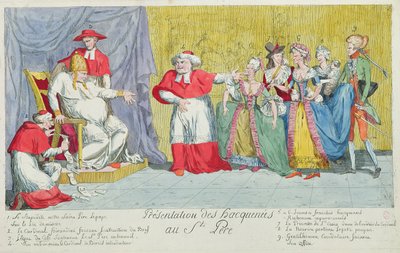 Presentatie van de Merries aan de Heilige Vader, karikatuur van de introductie van Adelaide (1732-1800) en Victoire de France (1733-99) aan de Paus, 17 april 1791 door French School
