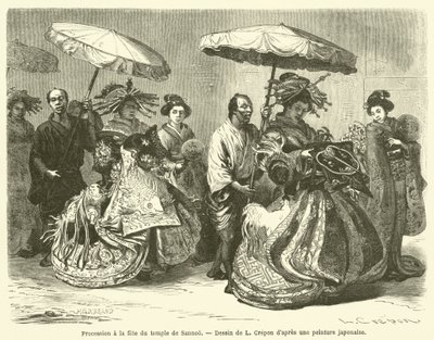 Processie op het tempelfeest van Sannoo (gravure) door French School