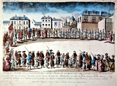 Processie in Parijs van Franse gevangenen vrijgelaten uit gevangenschap in Algerije door betaling van losgeld door French School