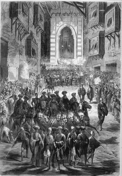 Processie in de straten van Caïro op de eerste dag van Ramadan. Egypte door French School