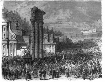 Proclamatie van de Romeinse Republiek in 1798. (Proclamatie della repubblica romana nel 1878) Gravure in 
