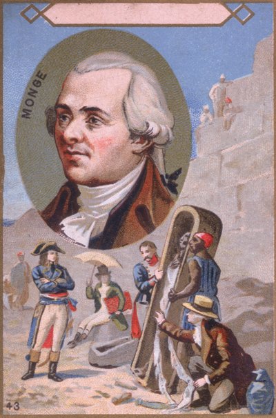 Promotiekaart die Gaspard Monge (1746-1818) toont die een mummie presenteert aan Napoleon Bonaparte (1769-1821) tijdens de Egyptische campagne, eind 19e eeuw door French School