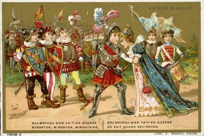 Promotiekaart voor het Parijse warenhuis Au Bon Marché, met een van de populairste volks- en kinderliedjes in de Franse taal, Marlbrough sen va-t-en guerre (Marlborough is vertrokken) door French School