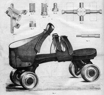 Prototype van rolschaatsen. Gravure in 
