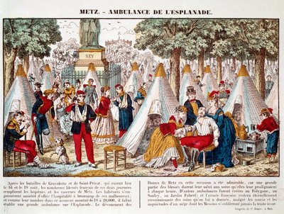 Pruisische oorlog: een ambulance geïnstalleerd op de esplanade om de gewonden te behandelen in 1870 in Metz (gravure) door French School