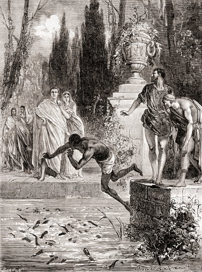 Publius Vedius Pollio, Romeins ruiter, voert een slaaf aan zijn murenealen, uit Les Merveilles de la Science, gepubliceerd ca. 1870 door French School