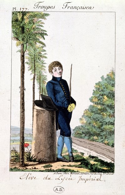 Leerling van het Lycée Impérial in Parijs leunend tegen een boom, plaat 177 uit Troupes Françaises, ca.1805-10 door French School