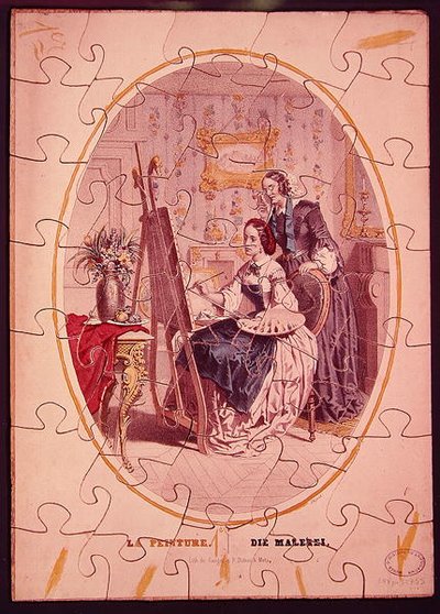 Puzzelstukken die een vrouw schilderend aan een ezel uitbeelden, ca. 1840-50 door French School