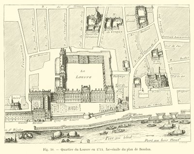Wijk van het Louvre in 1714, fac-simile van het plan van Boudan door French School