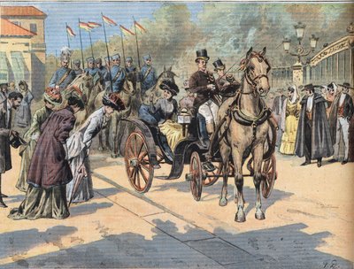 Koningin Marie Christine de Teschen (1858-1929) begroet de koninginnen van de Parijse markten, uit de krant "Le Petit Parisien" door French School