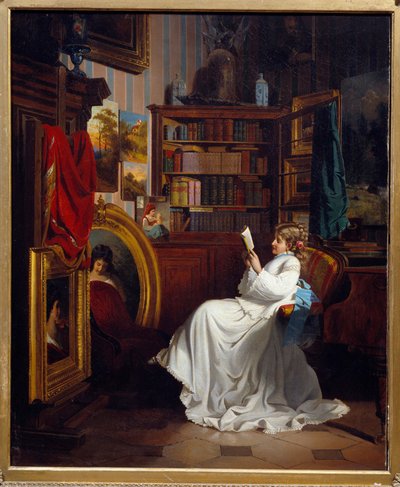 Lezende meisje dat een boek leest in een kantoor door French School