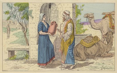 Rebecca bij de bron (kleurenlitho) door French School