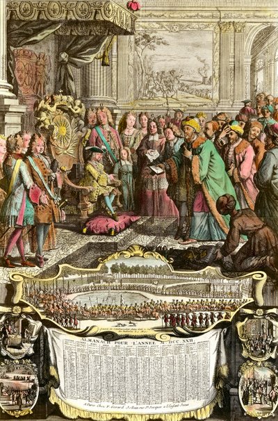 Ontvangst van Mehemet Effendi, Turkse ambassadeur van de grote Sultan Achmet door Lodewijk XV op 21 maart 1721 in de Tuileries. Gravure uit de 18e eeuw. Privécollectie door French School