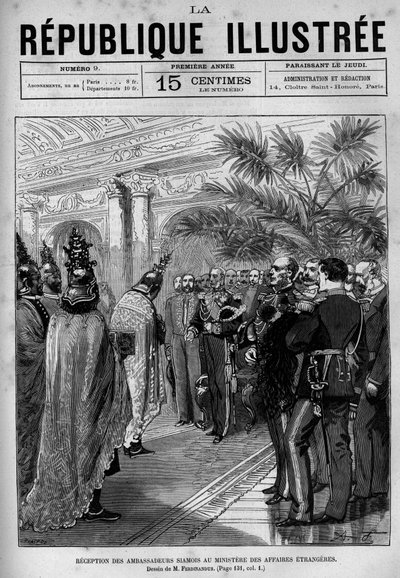 Ontvangst van Siamese ambassadeurs bij het Ministerie van Buitenlandse Zaken. Een krant. Gravure uit 1880 in 