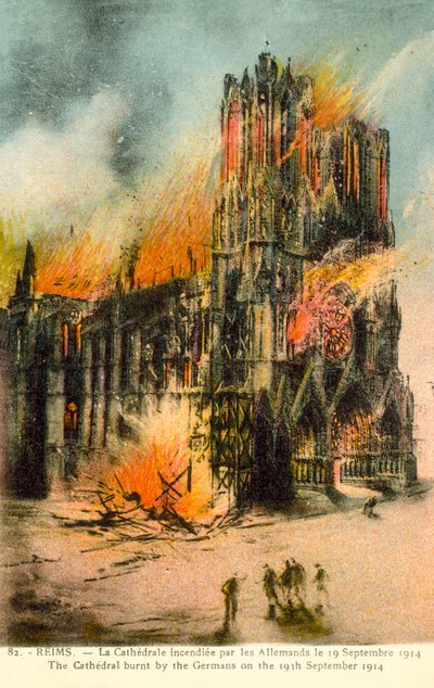 Reims, kathedraal verbrand door de Duitsers op 19 september 1914 door French School