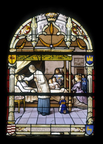 René de Neval, luitenant van de koning en kolonel van de achterhoede in Laag-Bretagne, stierf op 13/04/1676, vol verdienste en deugden in zijn kasteel van Neval, betreurd door zijn vazallen - glas-in-loodramen van de kerk St Germain in Kerlaz door French School