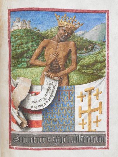 René, Hertog van Anjou als een gekroonde skelet, uit het Getijdenboek van René van Anjou door French School
