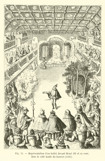 Voorstelling van een ballet voor Hendrik III en zijn hof, in de hoge zaal van het Louvre, 1582 door French School