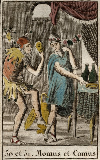 Voorstelling van Comus, god van fijnproevers en keuken, hij presideert feesten, leunt op een staak met een fakkel en Momos, personificatie van spot en sarcasme, hij wordt afgebeeld als een hofnar. Uit 