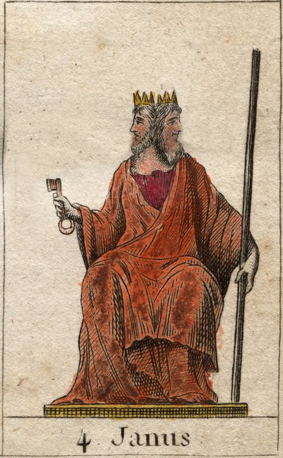 Voorstelling van Janus, god van het begin en doorgangen, afgebeeld met twee gezichten. Uit 