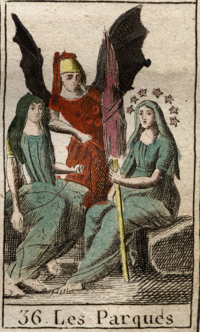 Voorstelling van de Parcae, Clotho, Lachesis en Atropos, godinnen van het menselijk lot, van geboorte tot dood, als zeer oude vrouwen die spinnen. Uit 