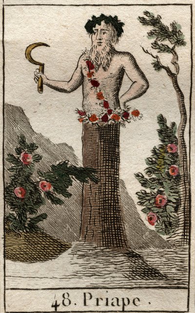 Voorstelling van Priapus, god van de vruchtbaarheid, vaak afgebeeld met een permanent erecte penis, met een sikkel in zijn hand. Uit 