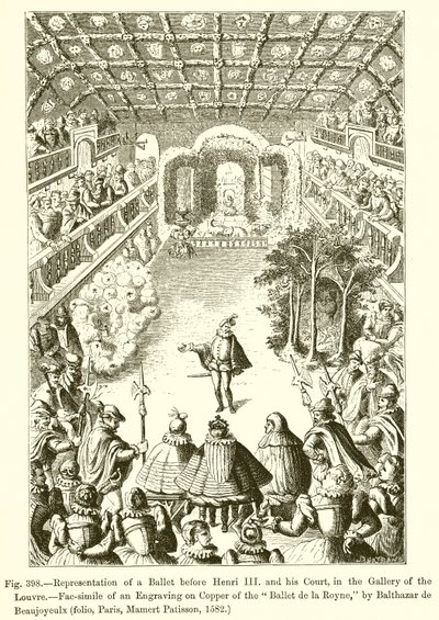 Voorstelling van een Ballet voor Hendrik III en zijn Hof, in de Galerie van het Louvre door French School
