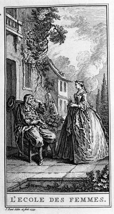 Weergave van een scène uit het stuk "De school van vrouwen" (1662) door Jean Baptiste Poquelin, bekend als Molière (1622-1673). Gravure uit 1739. door French School
