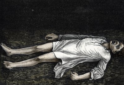 Weergave van de houding van een man tijdens een aanval van grote epileptische crisis (gravure) door French School