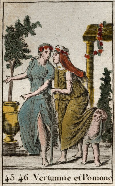 Afbeelding van de god van de herfst Vertumnus en Pomona, nimf van fruit en tuinieren. Vertumnus neemt de gedaante aan van een oude vrouw om Pomona te verleiden. Uit 