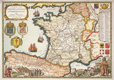 Reproductie van de kaart van de routes van St. Jacob van Compostel, oorspronkelijk gegraveerd door D.Serveaux 1648 door French School