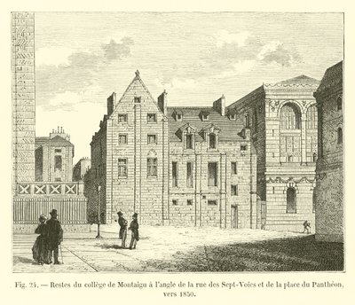 Resten van het college van Montaigu op de hoek van rue des Sept-Voies en place du Pantheon, rond 1850 door French School