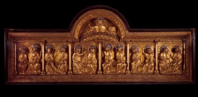 Romaans kunst: altaarstuk van Pinksteren: antependium in hout, koper en email. Uit Stavelot (Maas) Rond 1160-1170 door French School