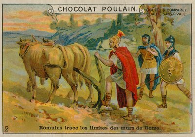 Romulus stelt de grenzen van Rome vast, Chocolat Poulain handelskaart door French School