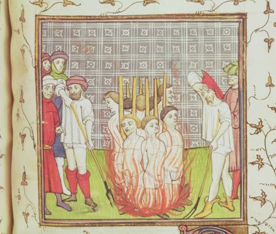 Roy 20 C VII f.44v Verbranding van de Tempeliers, ca.1308 (perkament) door French School