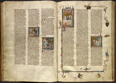 Lancelot verwijdert het hoofd van zijn onthoofde grootvader, de koning, uit een kokende put; een gebouw stort in op twee ridders. Rechts, miniatuur van Arthur en Guinevere zittend aan een banket, uit 